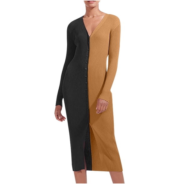 Vestido informal de manga larga con cuello en V sólido de otoño e invierno para mujer Fridja qw4706