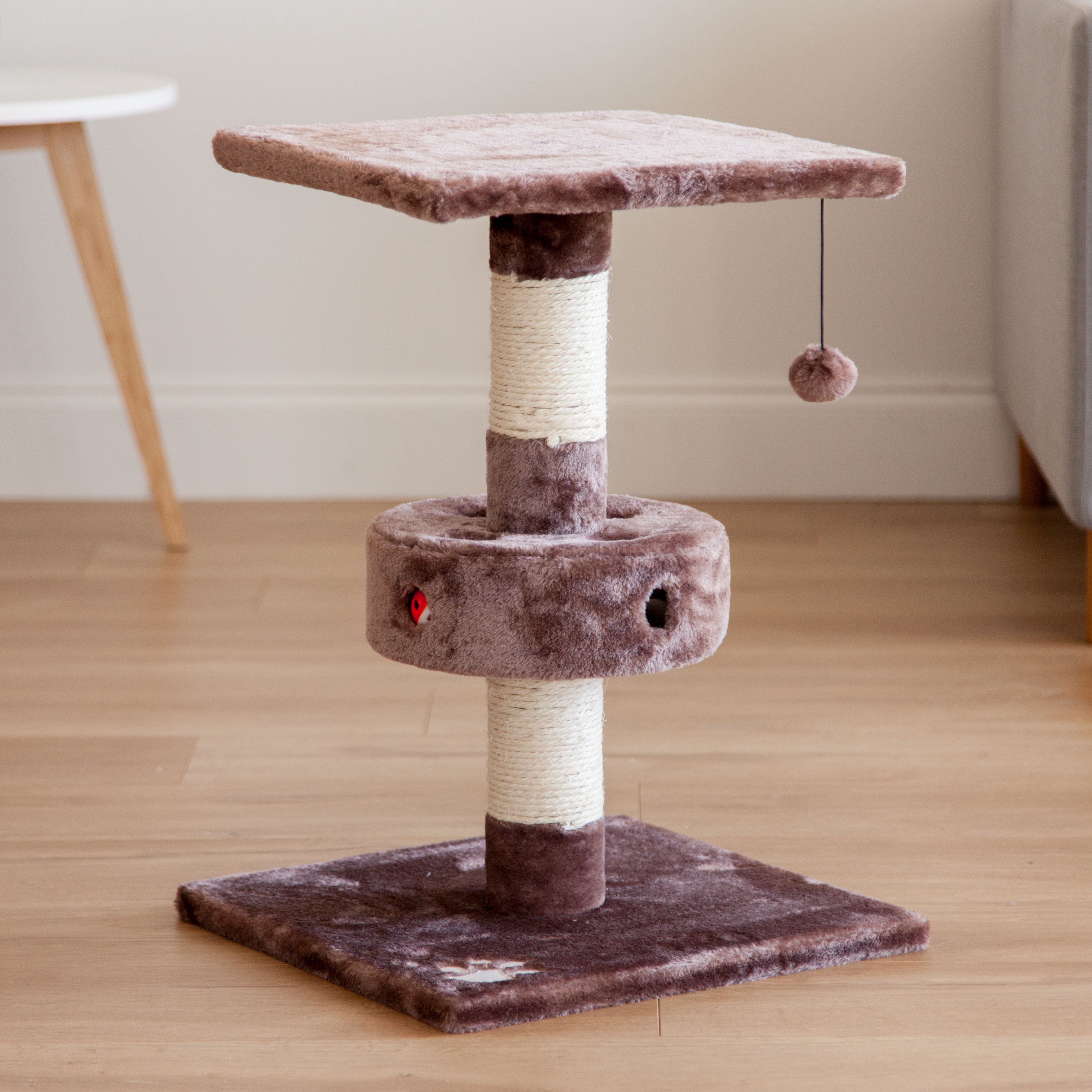 IRIS Plush Cat Perch with Dangling Toy and Peek-a-Boo Ball Game, Brown/Beige