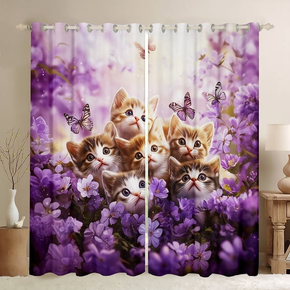 Manfei Kawaii Kitten Black Out Curtains,Purple Flower Butterfly Curtains Pack of 2 (42x63 Each),Pet Animal Bedroom Curtains,Reathable Bedroom Decor
