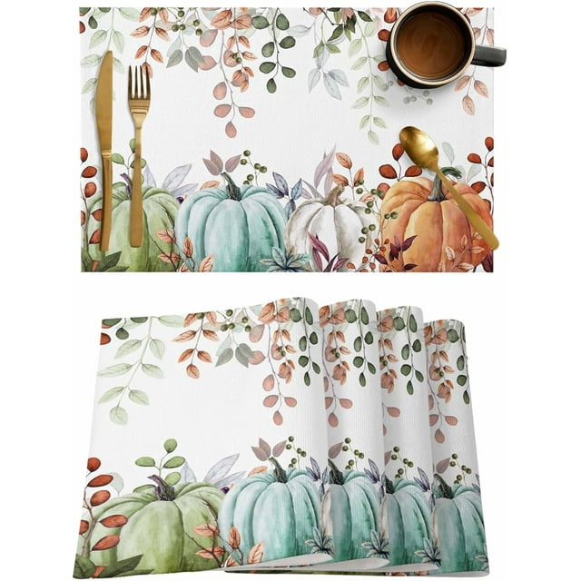 Fall Thanksgiving Placemats Set of 4, Autumn Pumpkins Eucalyptus Leaves Heat Resistant Washable Dining Table Mats Fall Holiday Farmhouse Decor for Kitchen&Linens Outdoor Indoor, Blue Sage Green Orange