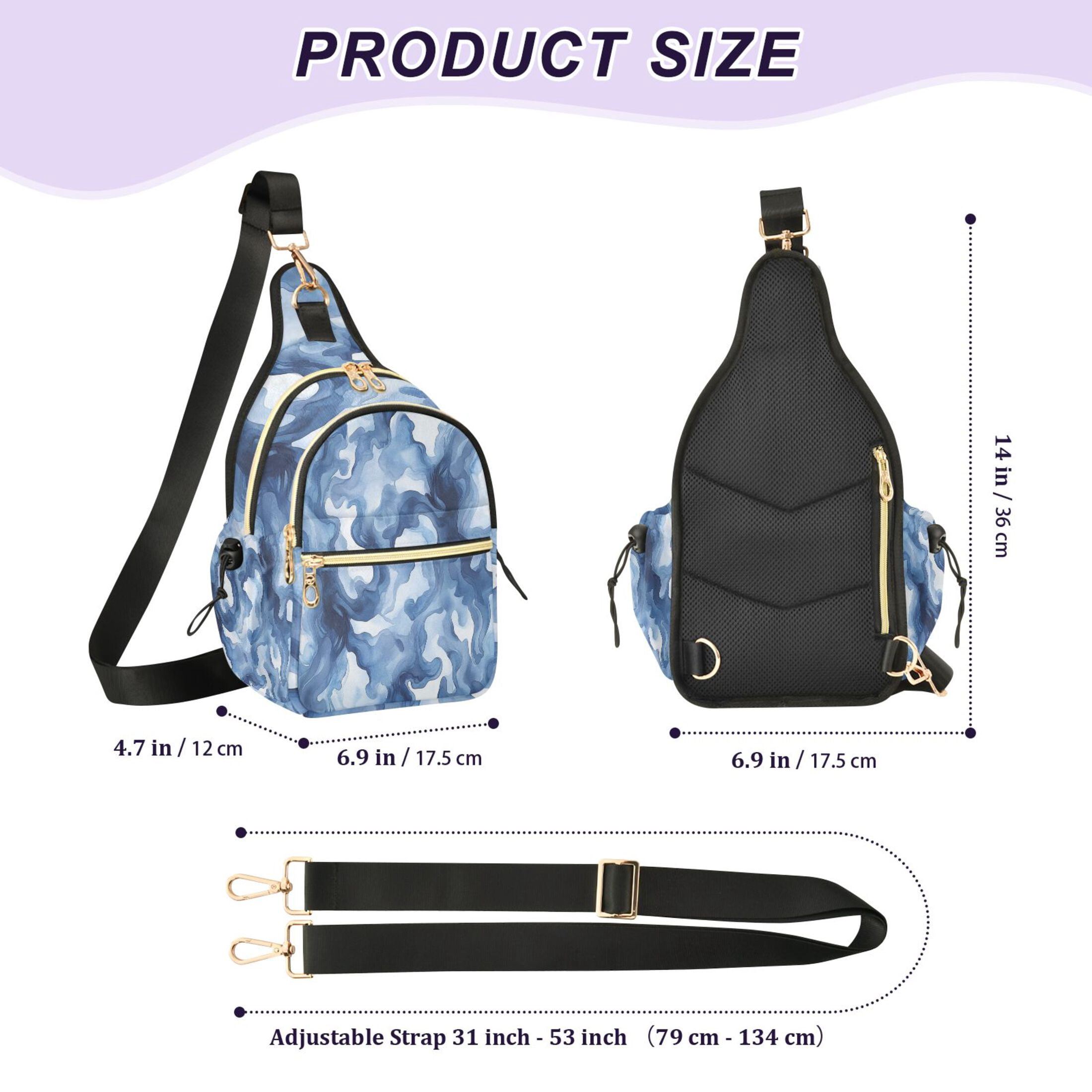 Crossbody Sling Bag for Women Shoulder Purse Trendy Daypack with Adjustable Strap Watercolor Indigo Waves