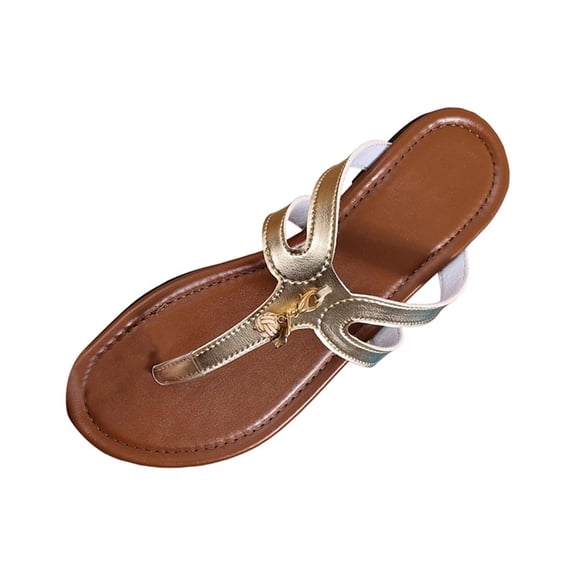 Qingpeng Womens Metal Knot Decor T Strap Thong Sandals Open Toe Flat Slip On Shoes Soft Leather Insole Summer Casual Footwear
