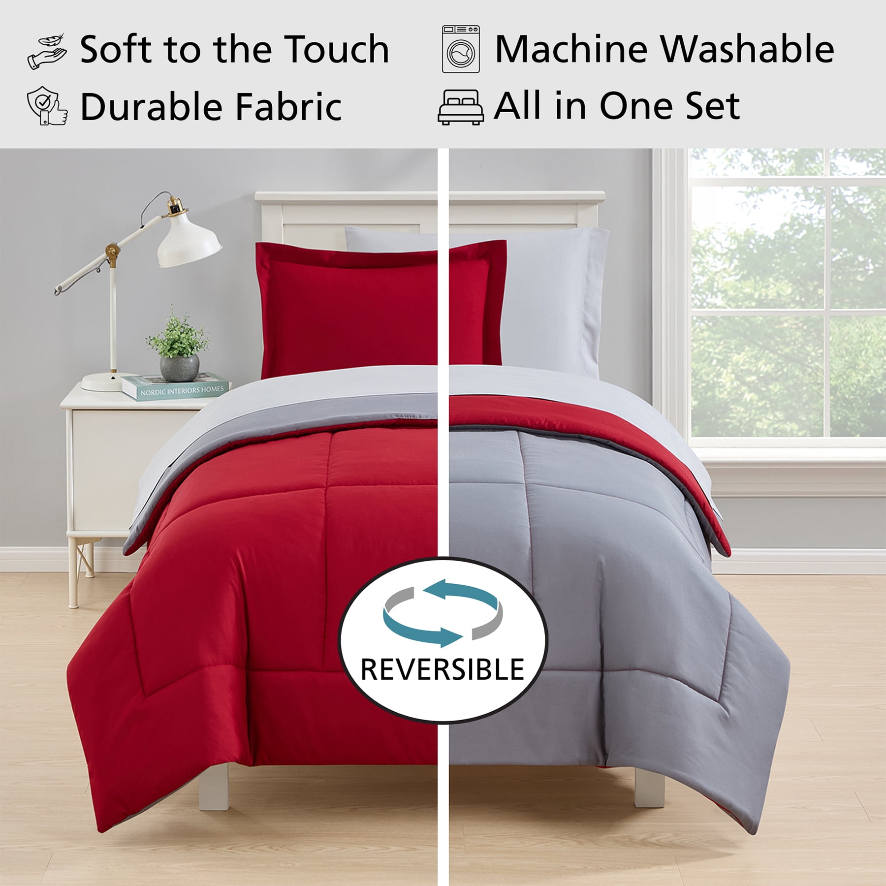 Mainstays All in One Reversible Comforter and Sheet set- 5 Piece, Twin, Red