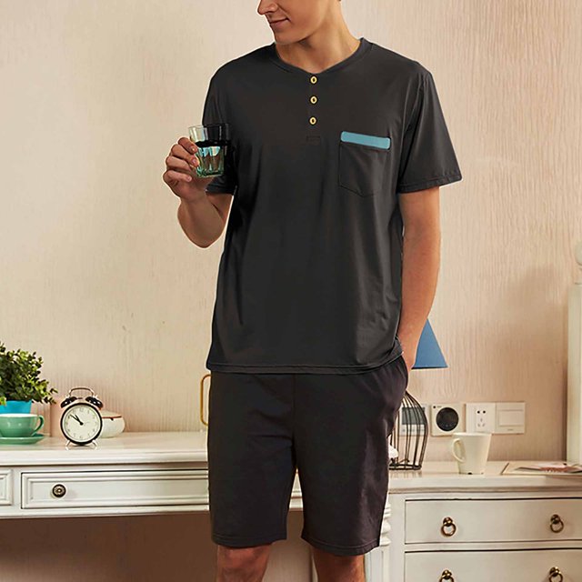 Pijama de verano para hombre, de color liso, informal y cómodo, de manga corta, ideal para usar en casa o al aire libre.