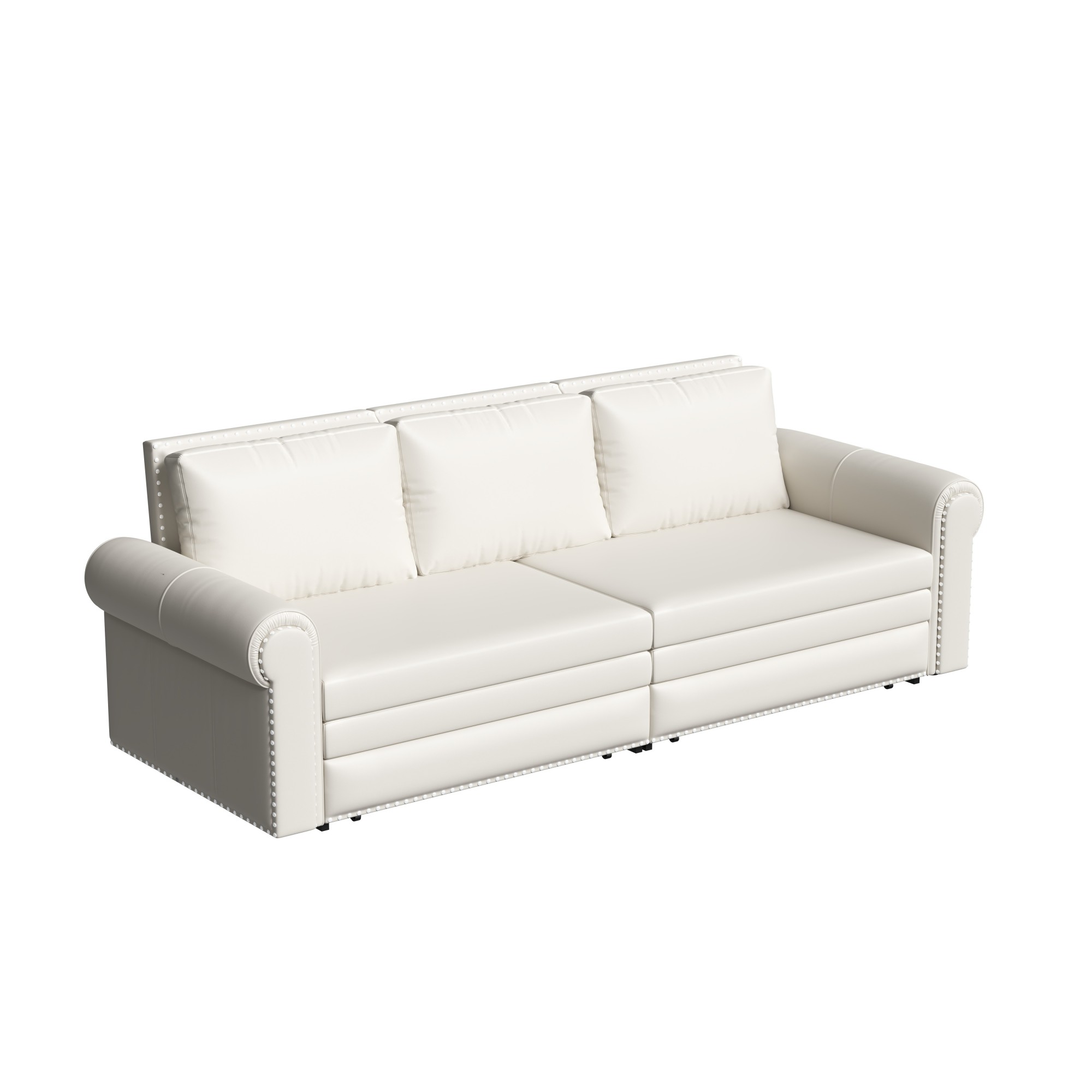Aukfa 93.7" King Pull Out Sofa Bed, Faux Leather 3-in-1 Convertible Chesterfield Sleeper Sofa Couch with Nailhead Trim & Rolled Arms, White