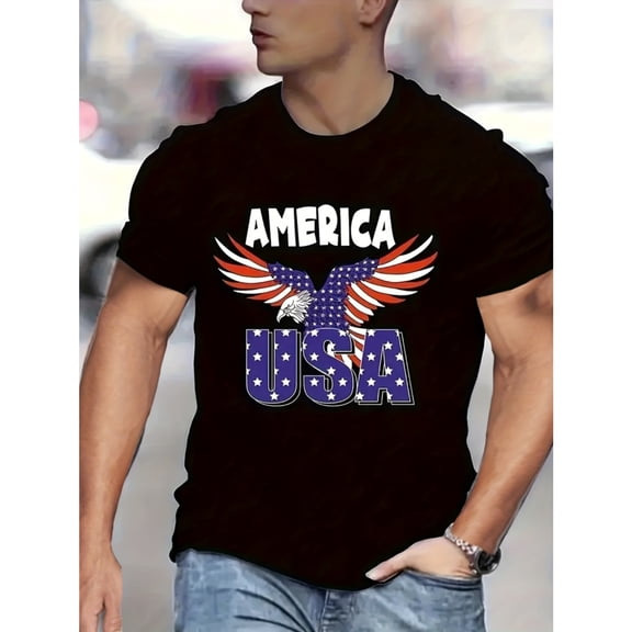 Men's 100% Cotton T-Shirt 180gsm - Eagle Print T-shirt, Men's Casual Street Style Stretch Round Neck Tee Shirt For Summer, Gift for Men