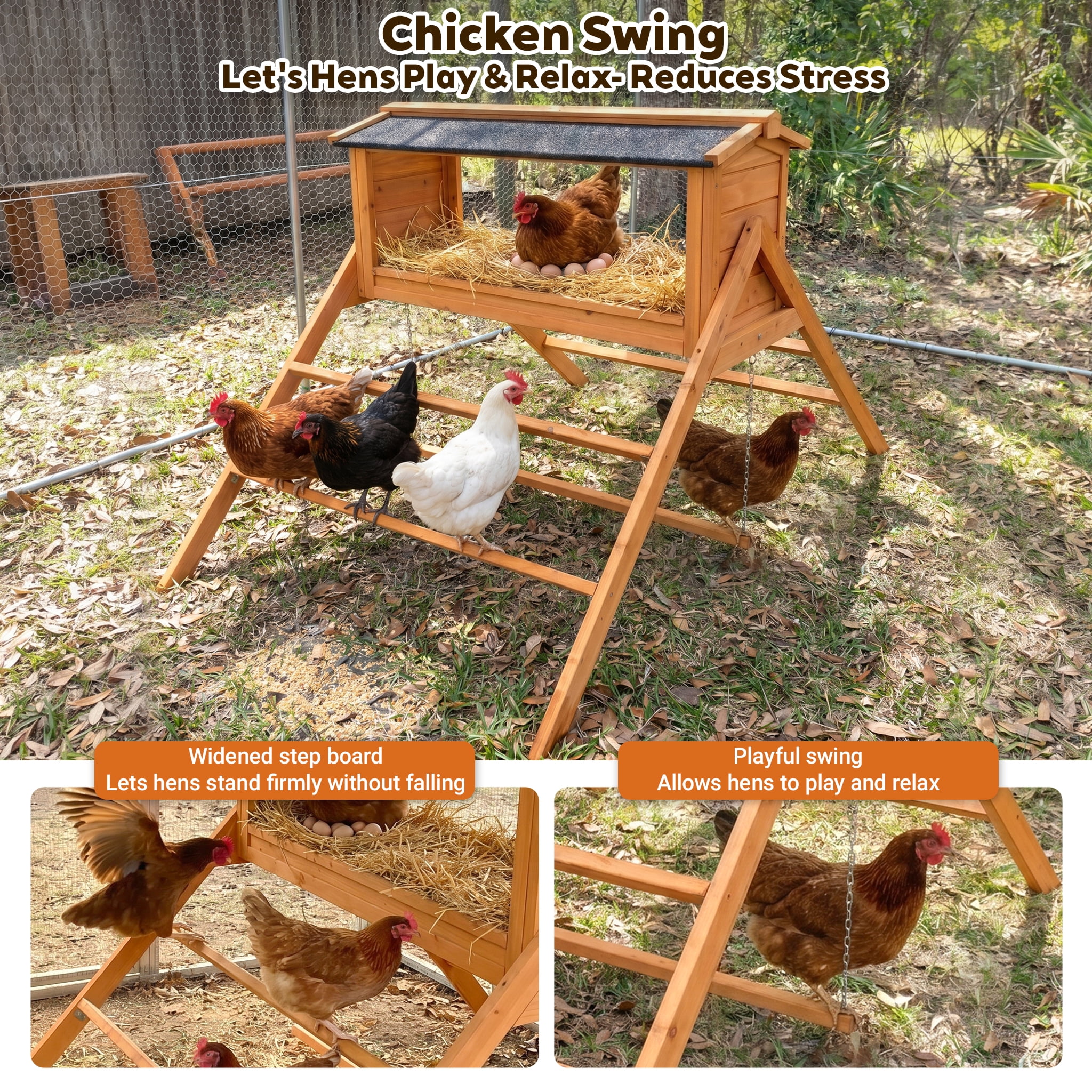 Wooden Chicken Nesting Box with Asphalt Roof, Perch and Swing, Waterproof Poultry Nesting House for Chicken Coop