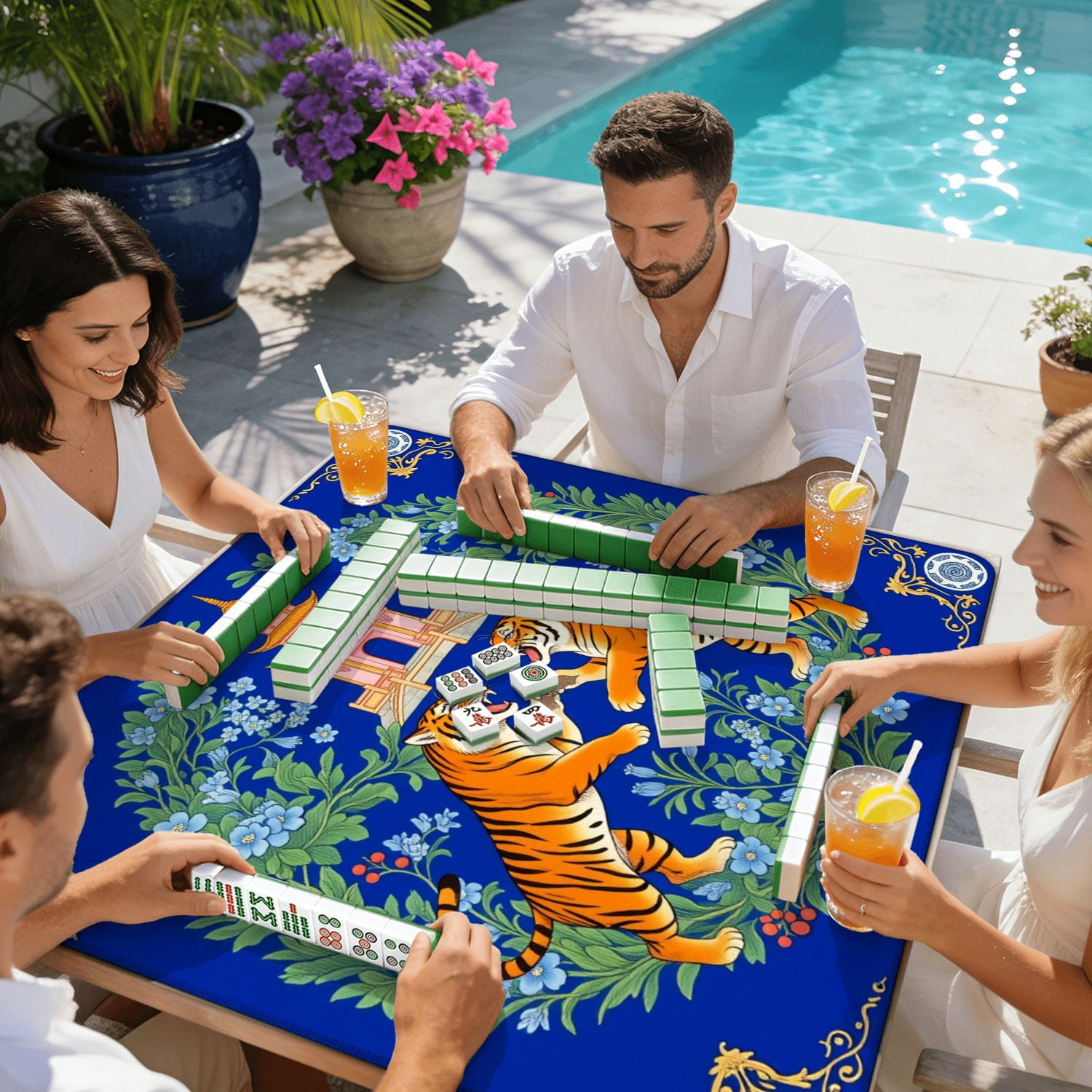 Mahjong Mat 31.5" x 31.5" Two Tigers Facing Each Other Pagoda Blue Floral Non-Slip Noise Reduction American Mahjong Tiles Table Cover for Dominoes Poker Card Board Games Gift