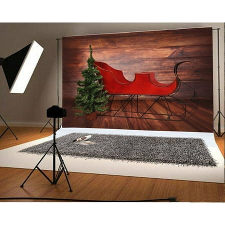 Image of MOHome Christmas Sleigh Backdrop 7x5ft Photography Backdrop Xmas Tree Retro Wooden Wall Floor Children Baby Kids Photos Shooting Video Studio Props