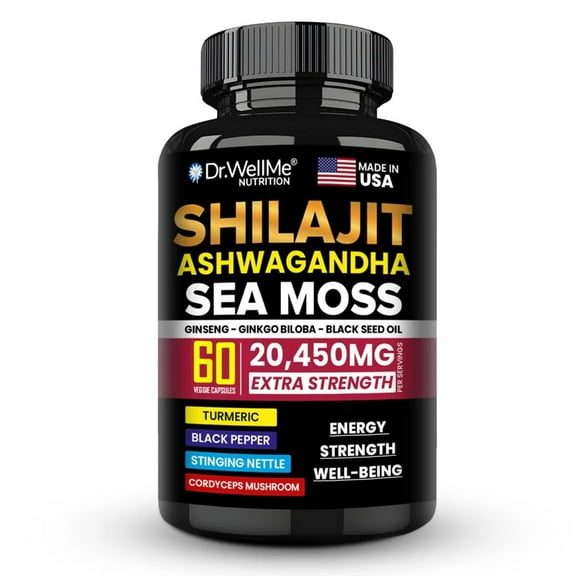 Dr.WellMe Shilajit Ashwagandha Sea Moss with Ginseng, Ginkgo Biloba & Black Seed Oil - 60 Veggie Capsules, Extra Strength 20,450mg - Anti-Aging, Stamina, Skin Radiance & Performance - Made in USA