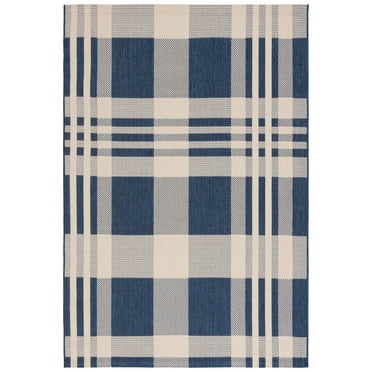 SAFAVIEH Courtyard Benjamin Plaid Indoor/Outdoor Area Rug, Navy/Beige, 5'3" x 7'6"