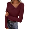 thumbnail image 2 of Camisa de Capa Base de Cuello en V de Color Sólido Casual de Manga Larga de las Mujeres con Poliéster Suave, Blusa de Manga Larga de Moda para Otoño Invierno Diario, 2 of 6