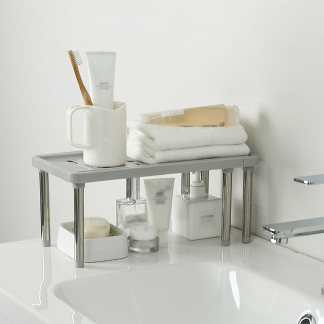 Retractable Expandable Storage Shelf for Kitchen Sink Bathroom Cabinet - White or Gray PP Stainless Steel Organizer Rack