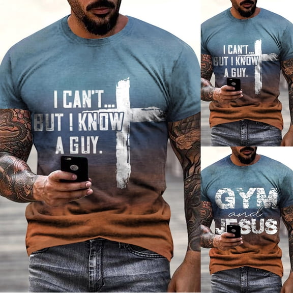 TrendOFT Mens Graphic Tees Jesus Religious Graphic Print Short Sleeve Crew Neck Loose Casual Fashion Men's T-Shirts Light Blue L