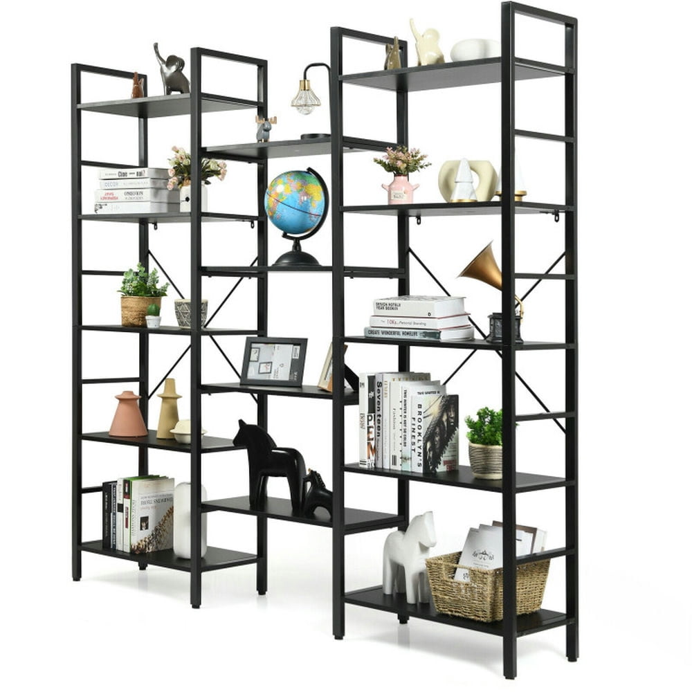Demi Bonn 5-Tier Bookshelf, Vintage Triple Wide Large Bookcase Display Storage Shelf, Display Rack for Plants and Books, Black