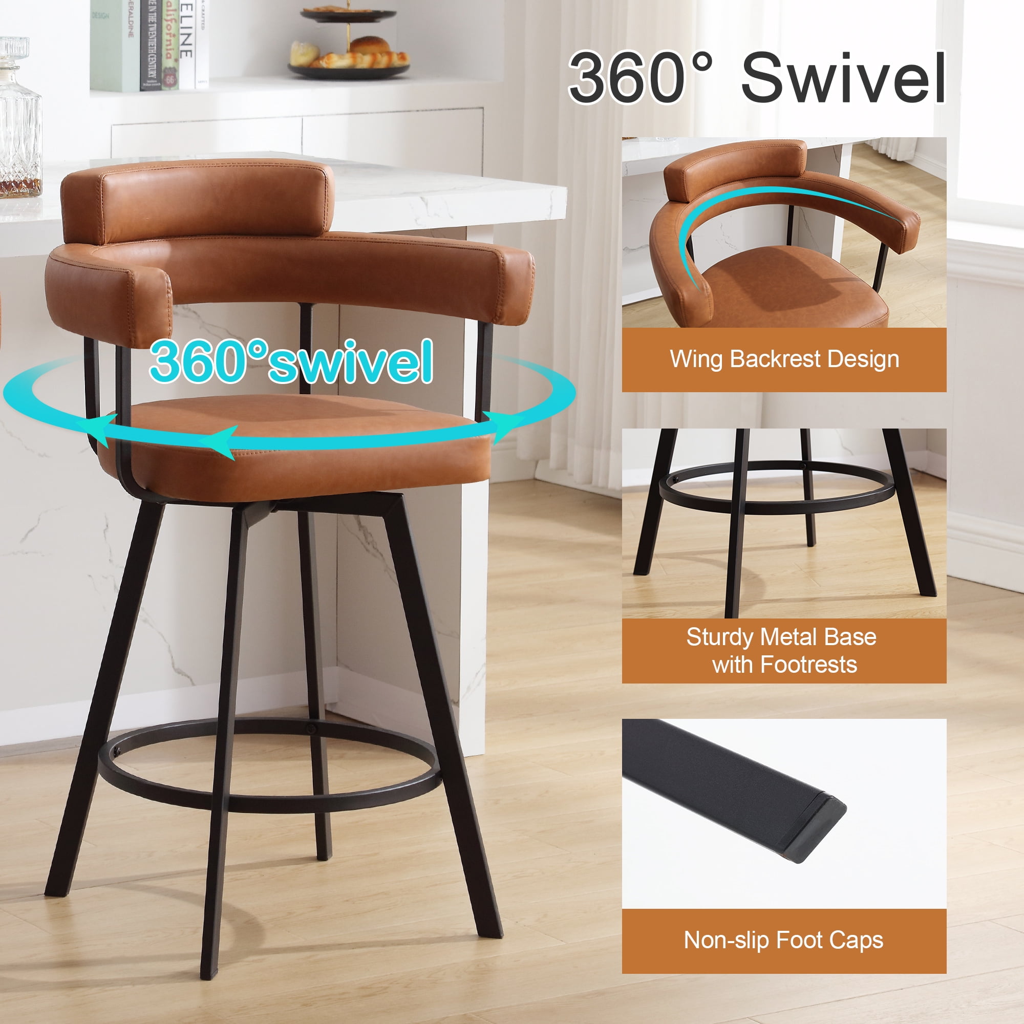 Zesthouse 26" Counter Height Swivel Barstools, Faux Leather Upholstered Bar Stools Set of 2, Armrests, Metal Base, Brown