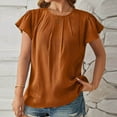 thumbnail image 4 of Fashion $15 & under Olyvenn Women Summer Dressy Blouses Pleated Petal Cap Short Sleeve Shirts Elegant Casual Loose Fit Tunic Blouse Business Tees Brown 6, 4 of 5