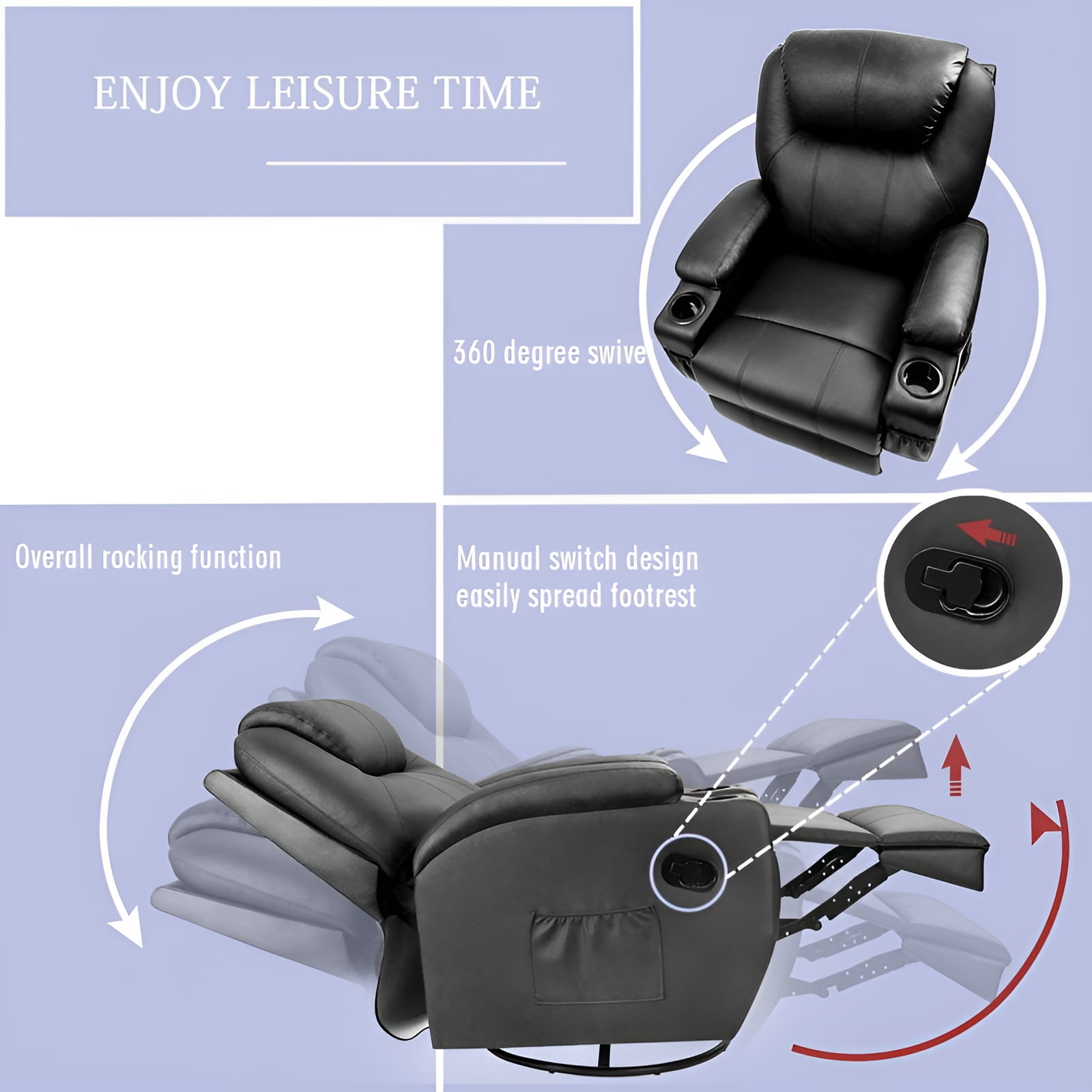 Lacoo Recliner Chair Executive Swivel Massage Recliner with PU Leather Single Living Room Sofa Seat with Huge Headrest and Thick Armrest , Black