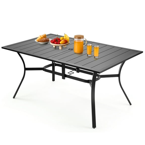 VEVOR Outdoor Patio Dining Table, 59 inch Long Rectangular Metal Steel Slat Backyard Bistro Tables for 4-6, with 1.5 in Umbrella Hole, All-Weather Large Furniture for Lawn Garden Porch, Black