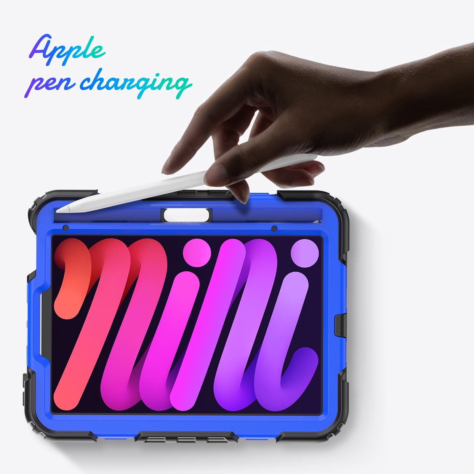 Shockproof Case for Apple iPad mini 6 /7 8.3" with Build In Screen Protector, Rugged Rotating Stand Shoulder Strap Pencil Holder Kids Friendly Bumper Case for Apple iPad mini 6/ Mini 7, Blue+Black
