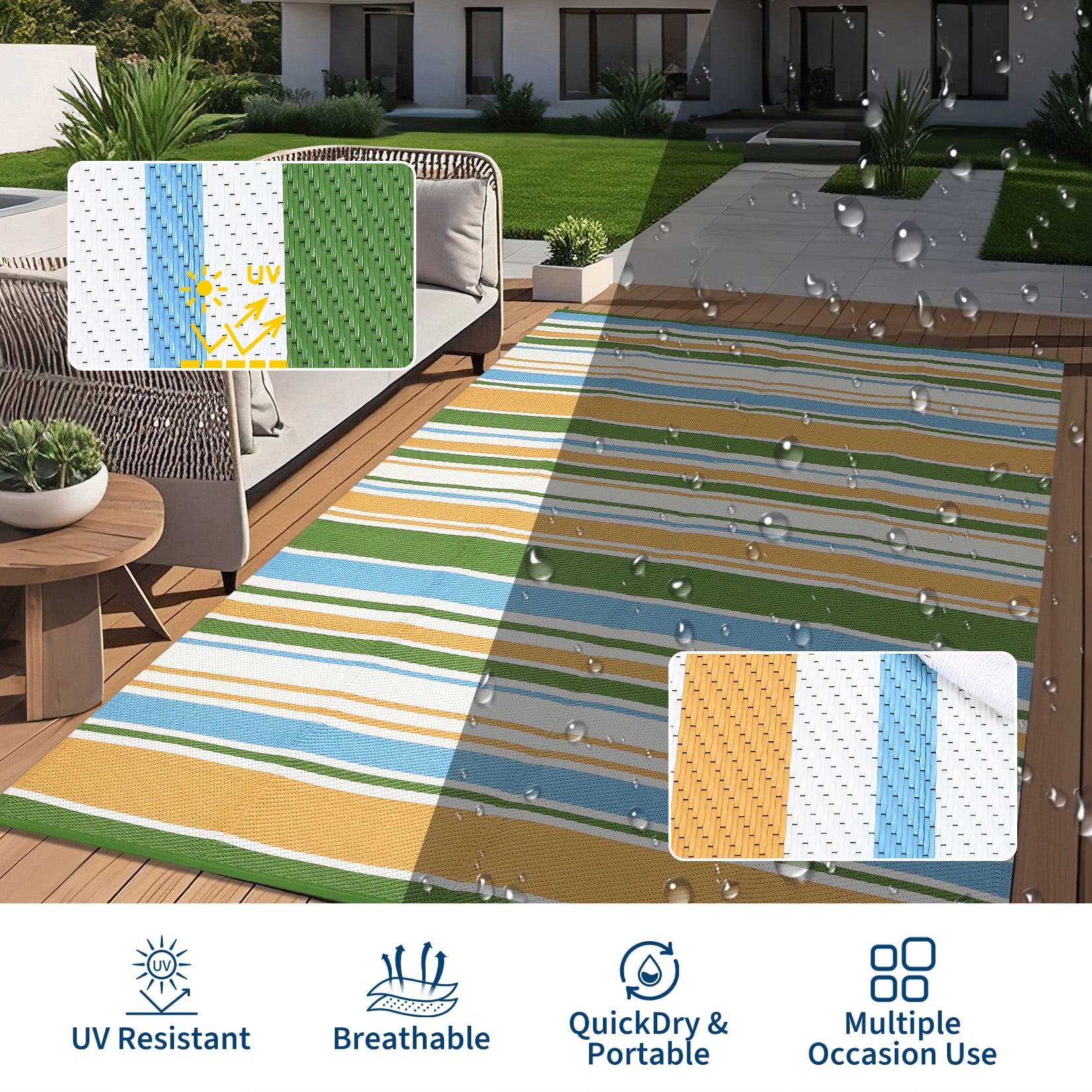 HIWEAVER 9' x 12' Blue Outdoor Rug PP Plastic Straw Woven Waterproof Patio Rug with Border Portable Outside Carpet for Balcony Deck Picnic Garden Decor