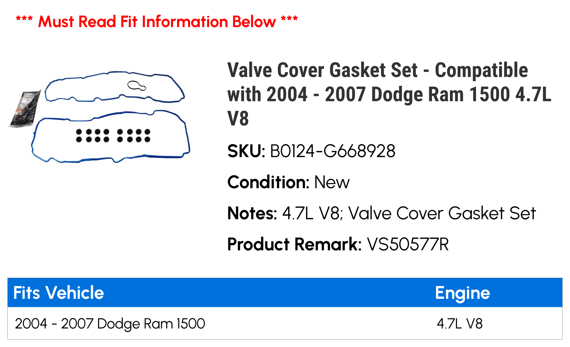 Valve Cover Gasket Set - Compatible with 2004 - 2007 Dodge Ram 1500 4.7L V8 2005 2006