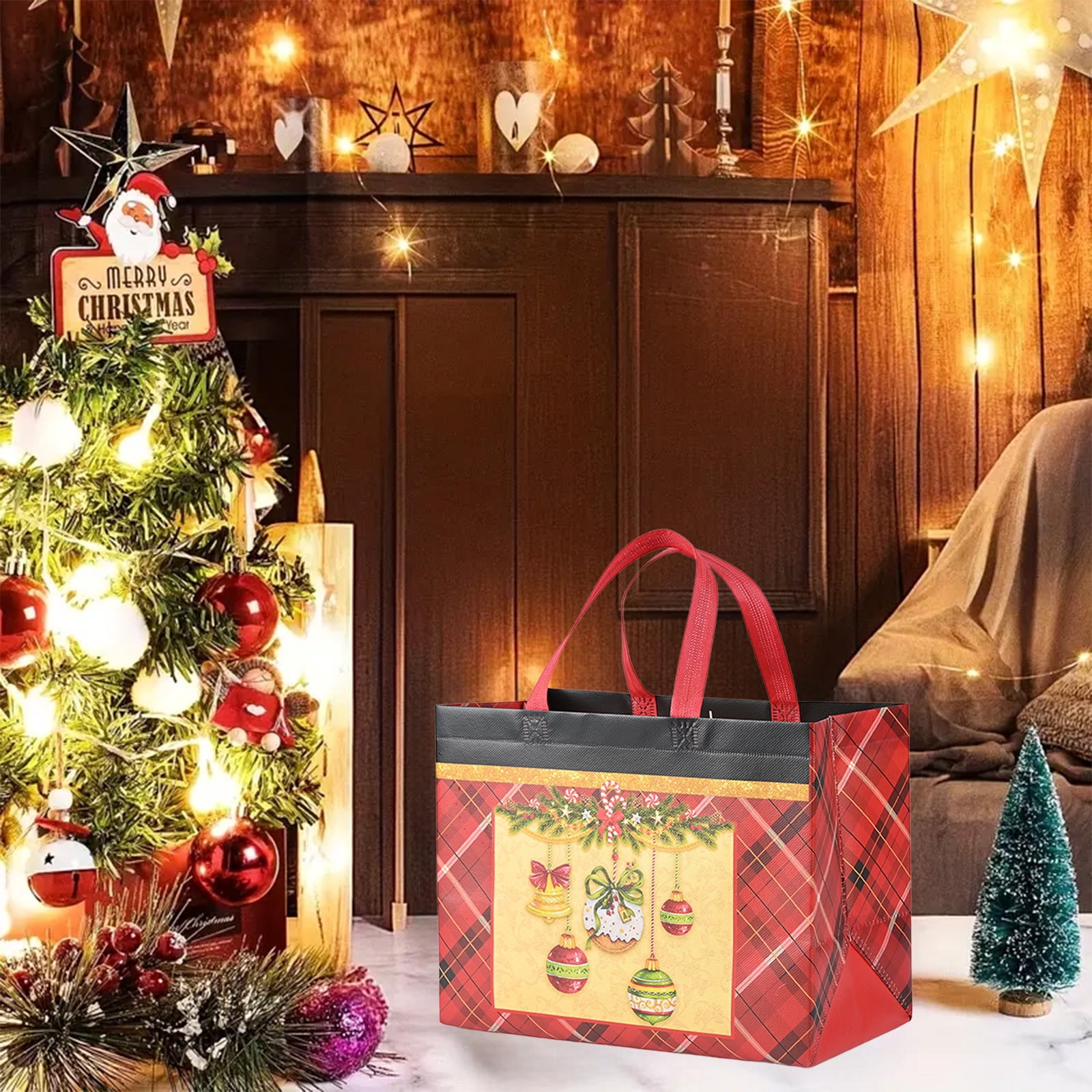 6 Sacs De Noël Réutilisables Avec Poignées - Sacs Cadeaux Shopping Festifs - Motifs Père Noël, Bonhomme De Neige, élan