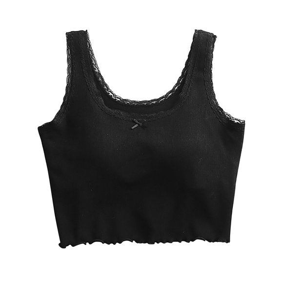 Qingpeng Womens Ribbed Knit Lace Trim Crop Tank Tops Bow Detail Wide Straps Sleeveless Fitted Cami Summer Loungewear Pajamas