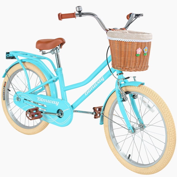 iRerts Girls Bike with Basket, 20 Inch Kids Bike with Bike Wheel Lights for Ages 7-10 Girls, Girls Bicycle with Kickstand, Leather Saddle, Coaster Brakes, Blue