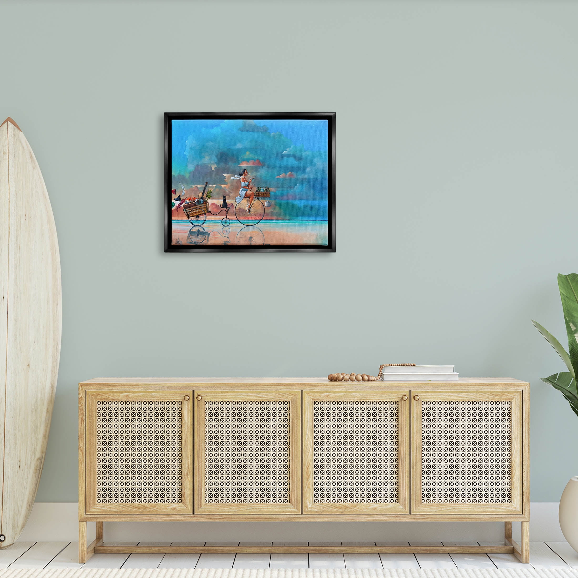 Summer Beach Bike Ride Reflection Coastal Painting Jet Black Framed Art Print Wall Art