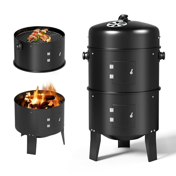 KingChii Fumoir Vertical 3 en 1 au Charbon de Bois pour Extérieur, Patio, Jardin, Camping, Noir