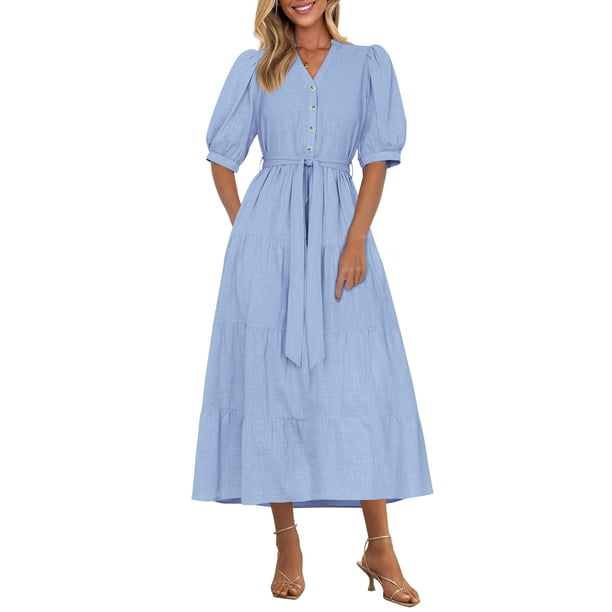 Vestido midi PRETTYGARDEN Verano 2025 de manga corta con cuello en V para mujer