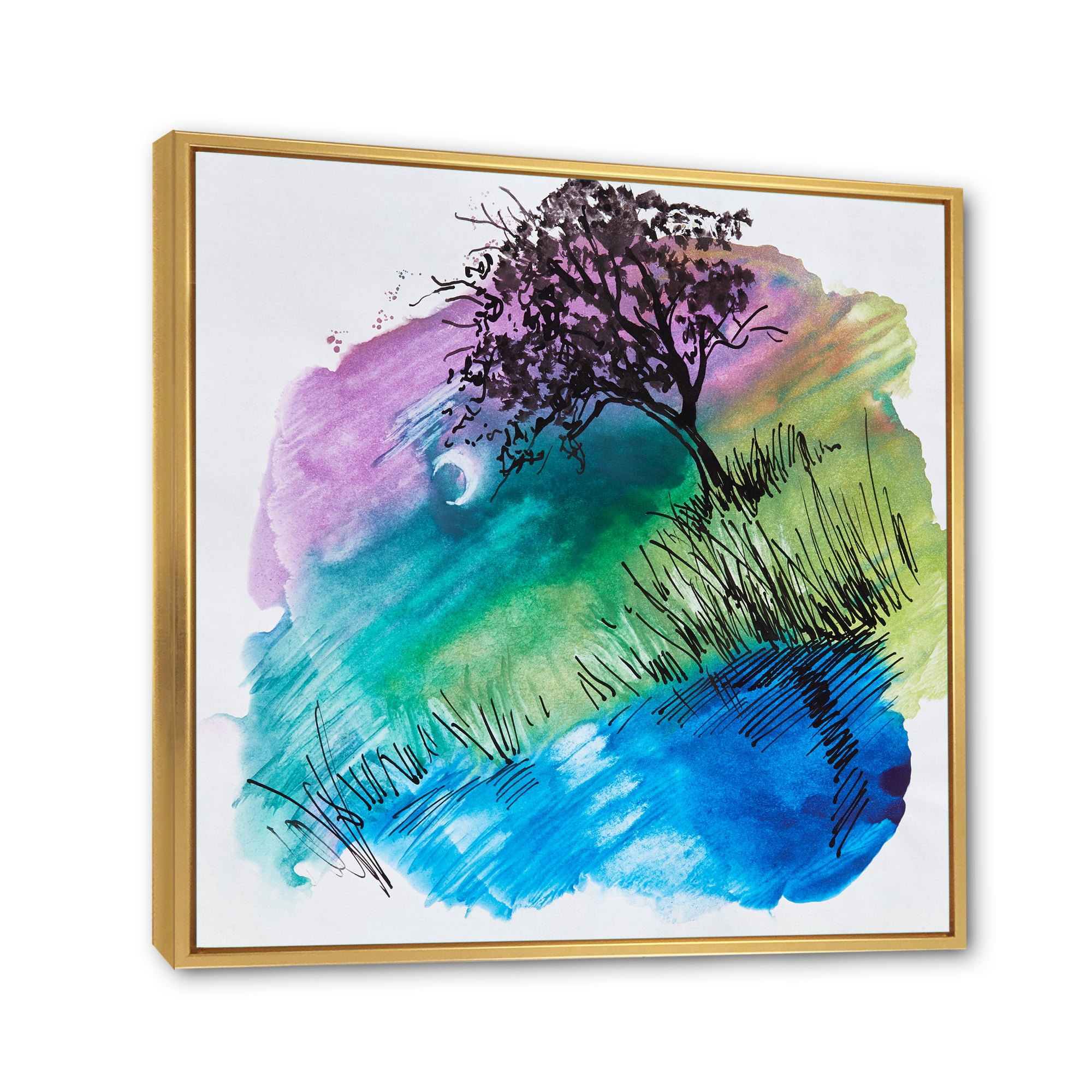 Designart 'Rainbow Silhouette Of Tree On The Riverbank At Night' Modern Framed Canvas Wall Art Print