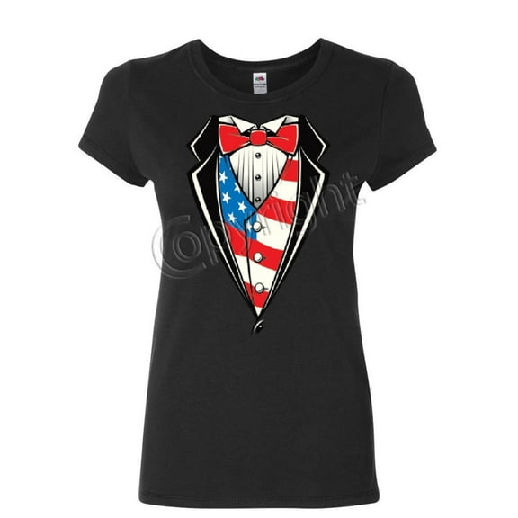 Tee Hunt American Flag Tuxedo Women's T-Shirt Funny 4th of July Stars and Stripes Shirt