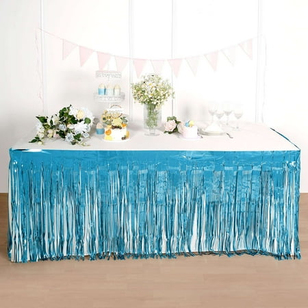 

Efavormart 30 x9FT Metallic Foil Fringe Table Skirt Self Adhesive Party Table Skirt - Blue