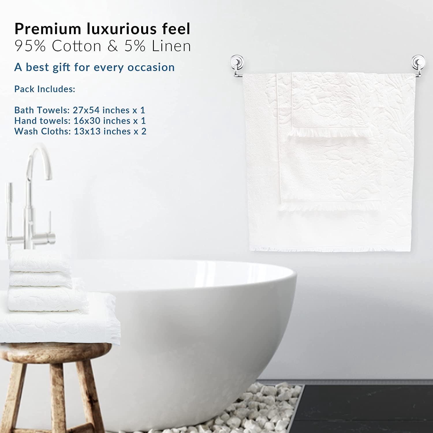 Premium White Fantasy Collection Bath Towel 27x54 Hand Towel 16x30 Washcloths 13x13 Elegance