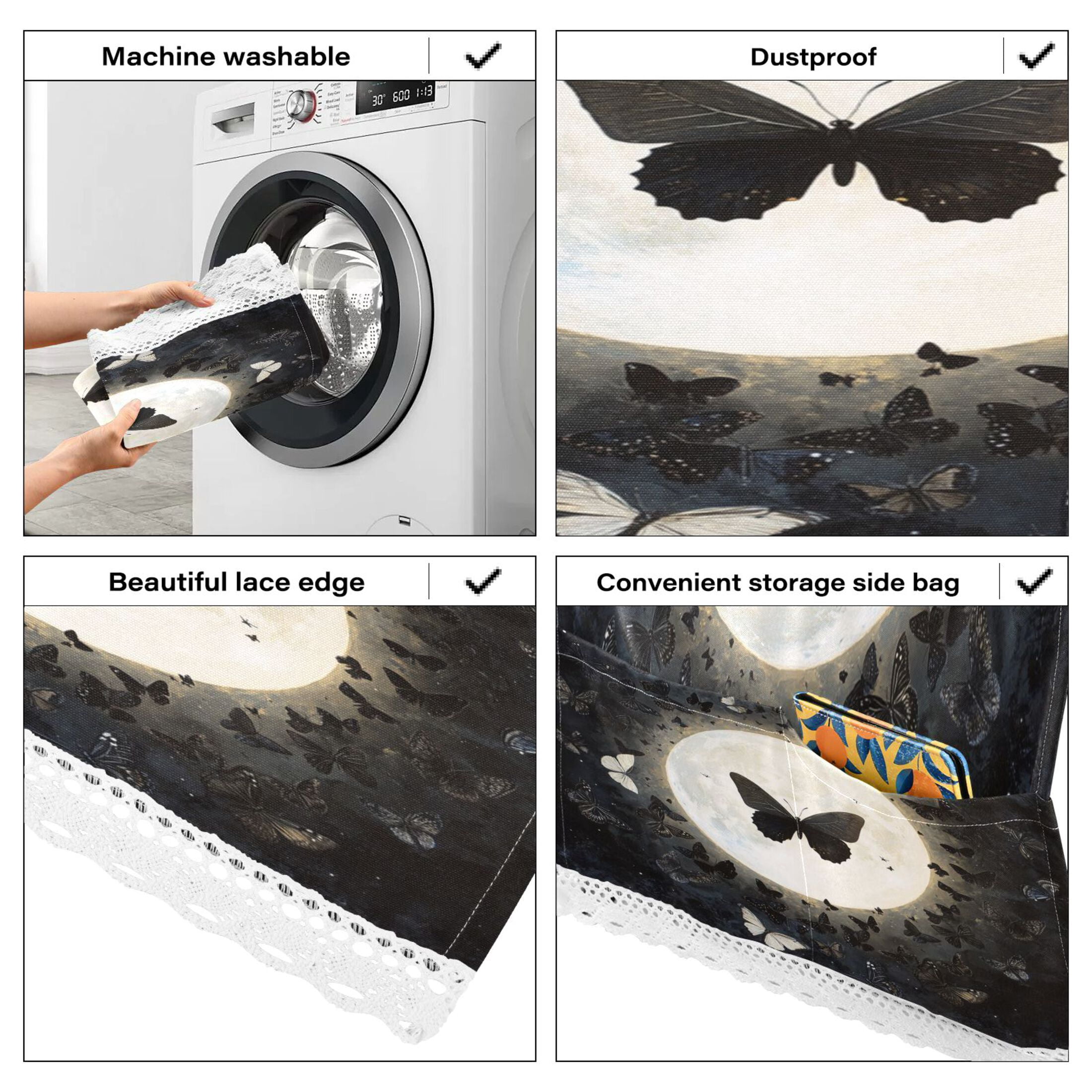 Washing Machine Cover 51.2x22in, Durable Polyester Dust Cover with Lace Trim and Side Pocket for Appliances Moonlight Butterfly