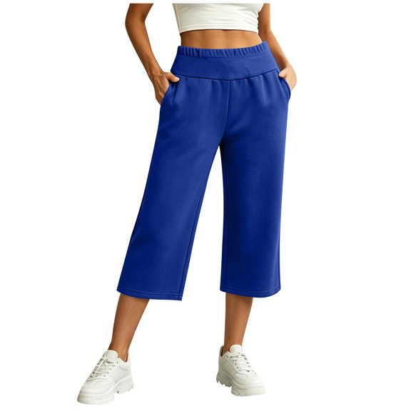 cocolona Womens Solid Color Casual Capri Pants Elastic Waist Straight Wide Leg Lounge Cropped Trousers with Pockets