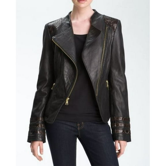 women's black-detailed leather jacket ST0302