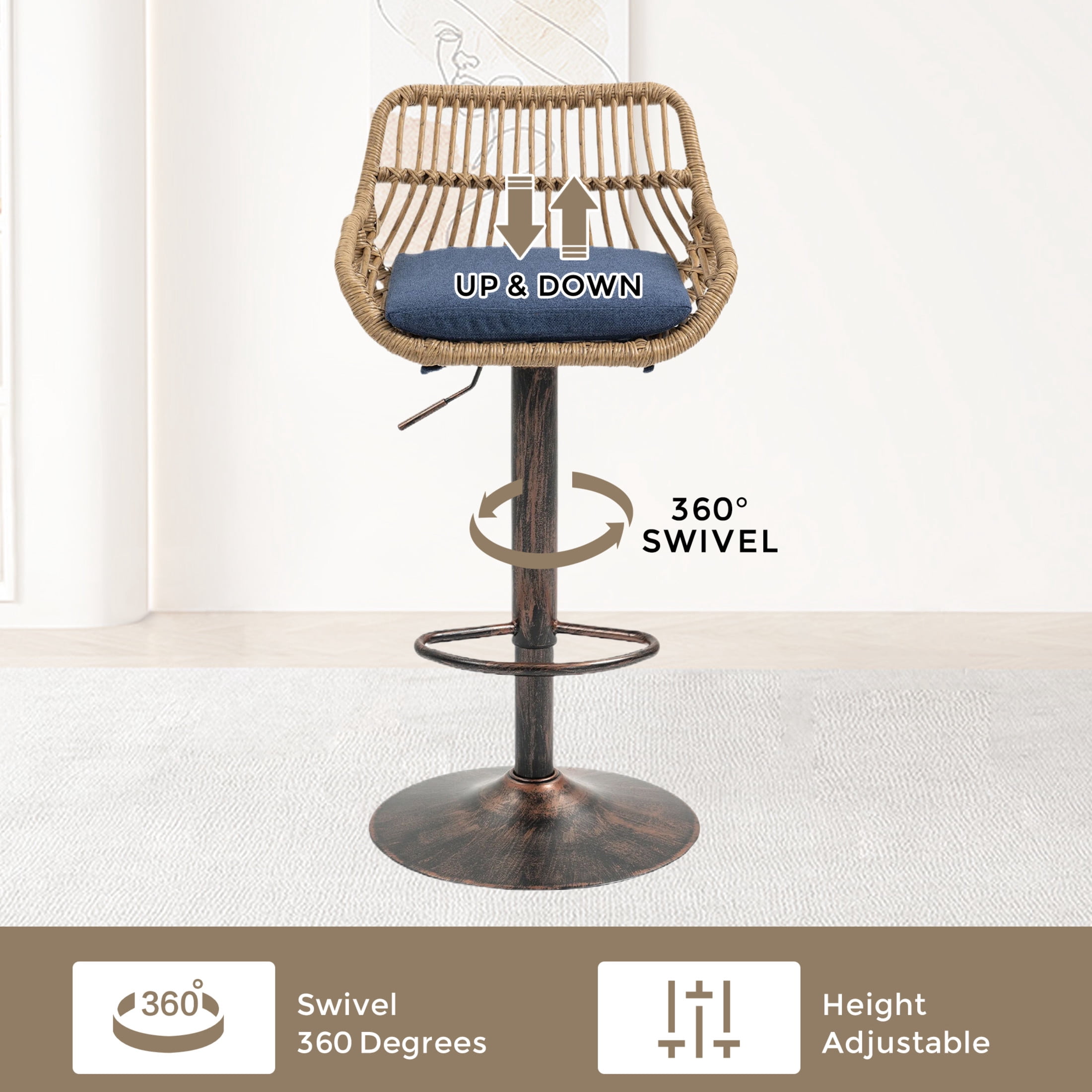 Noble House Swivel Bar Stools Set of 2, Adjustable Counter Height Chairs with Footrest, Blue