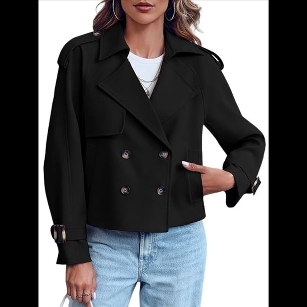 Chaqueta Gabardina Informal Holgada de Larga con Doble Botonadura y Solapa con Muescas para Mujer, con Bolsillos. Negro XXL