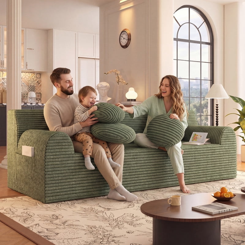 PORKISS 71 Inch Green Corduroy Couch, Boneless Cloud Couch, No Assembly Floor Sofa with 3 Round Pillows, Comfy 3 Seater Sofa Couch for Living Room, Apartment, Bedroom, Small Space