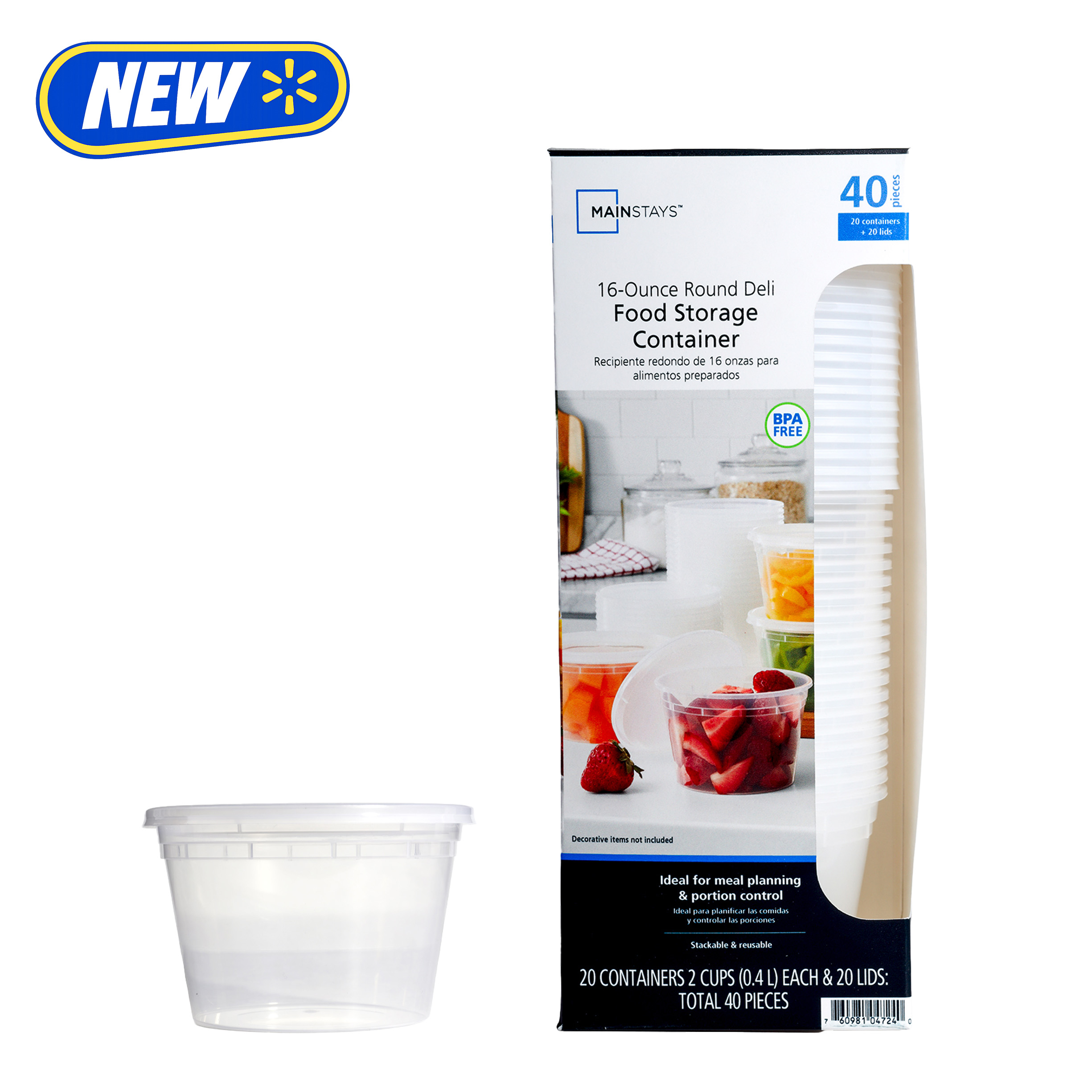 Mainstays 40 Piece 16oz Plastic Deli Container, Ideal Use for Meal Prep and Batch Cooking