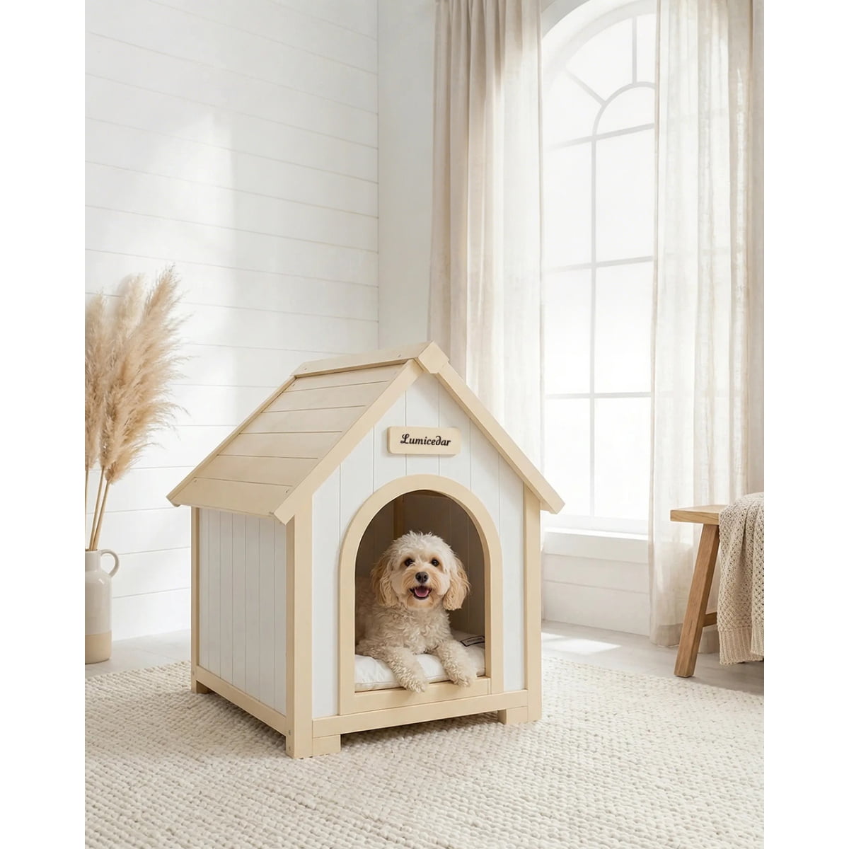 Creamy White Light Yellow Modern Indoor Wooden Dog House with EVA Cushion for Small Dogs and Cats