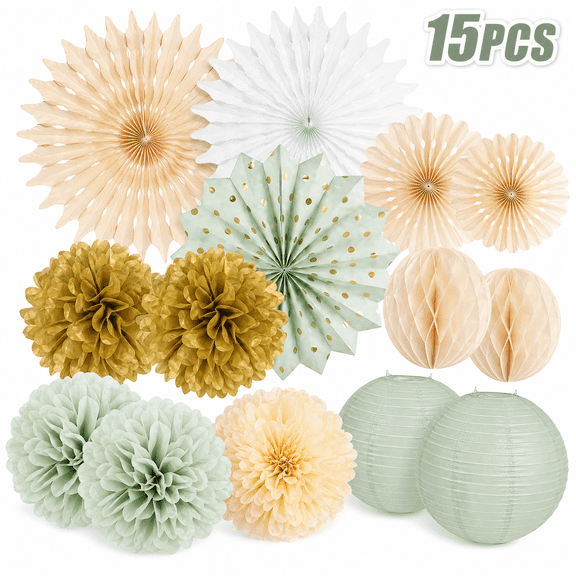 15pcs Sage Green Party Decorations Sage Green and Gold Party Decorations Paper Pom Poms Paper Fans Lanterns for Birthday Baby Shower Wedding Bridal Shower Party Decor