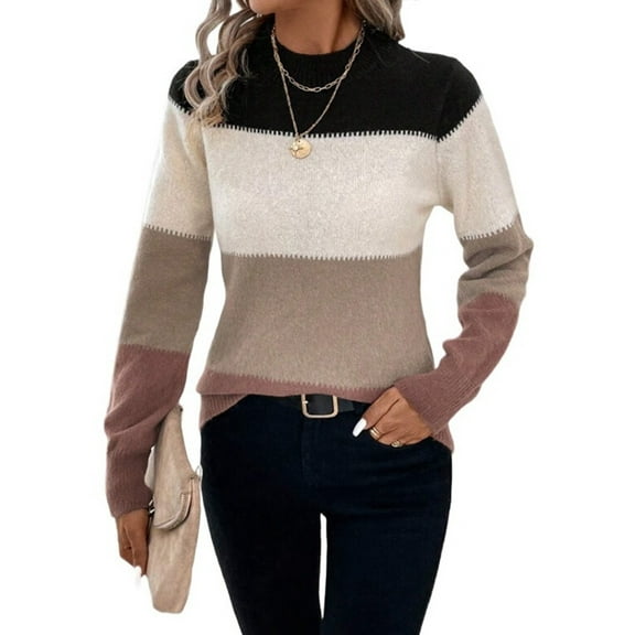 Women'S Color Block Sweaters Long Sleeve Mock Neck Tops Loose Knitted Pullover Sweater Camel S