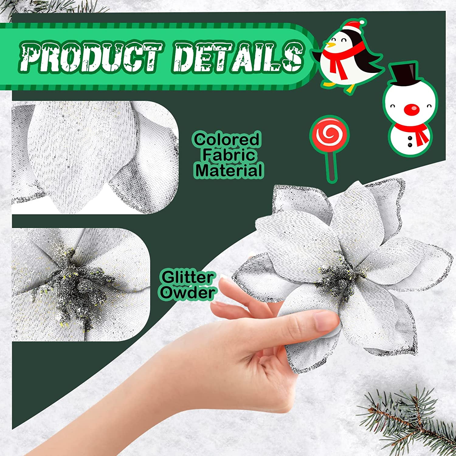 6PCS Glitter Christmas Artificial Flowers Christmas Poinsettia Decor Christmas Tree Wreaths Ornaments for Christmas Home Wedding Party