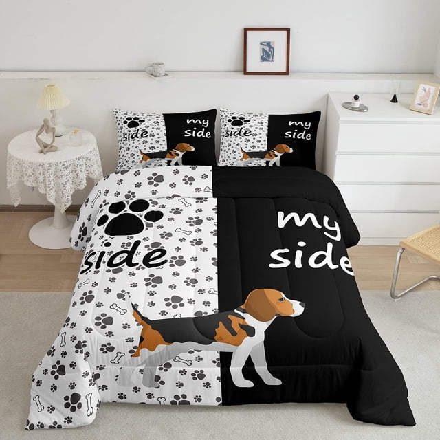 Paw Comforter Set Queen,Cute Puppy Bones juego de cama Blanco y Negro Animal