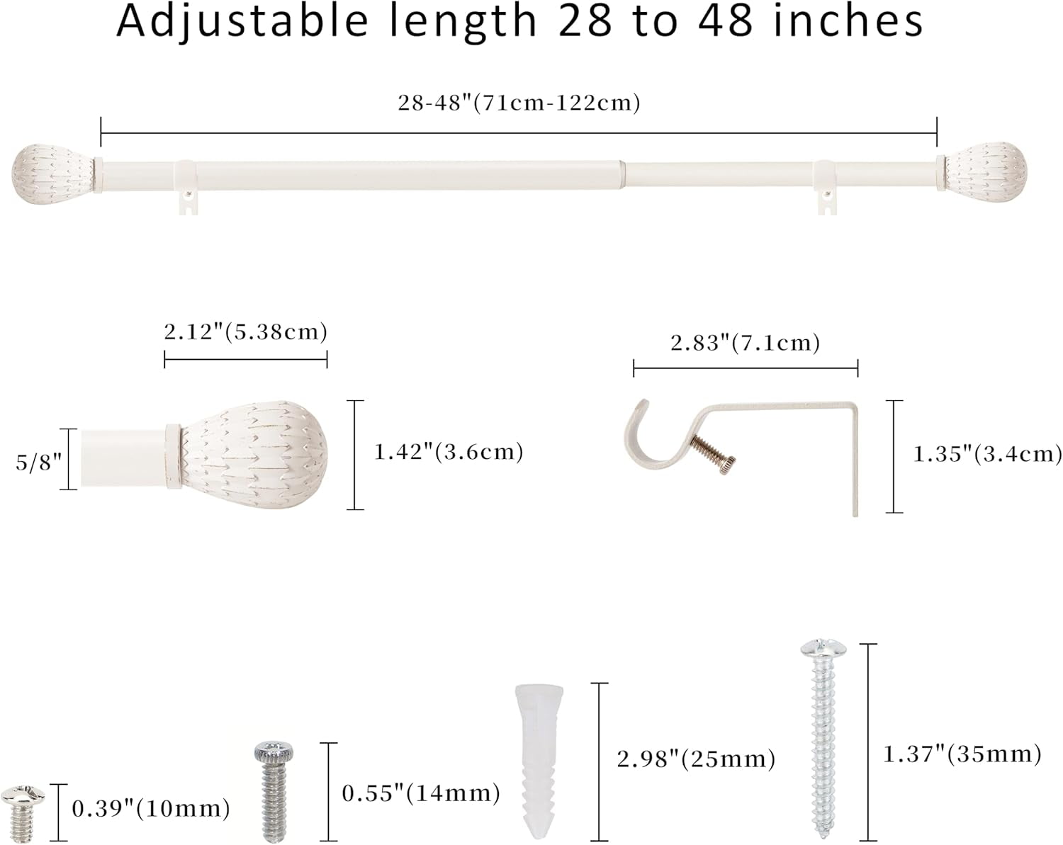 eTeckram 5/8" Single Curtain Rod with Brun Finials,Weathered White,28‘’-48‘’