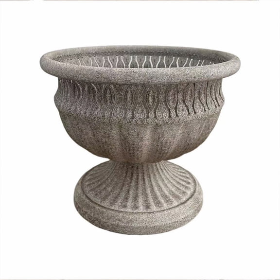 European Vintage Pedestal Flower Pot, Decorative Planter, Carved Stone Urn for Herbs, Indoor Outdoor Garden Patio Decor, Cottage Style Centerpiece
